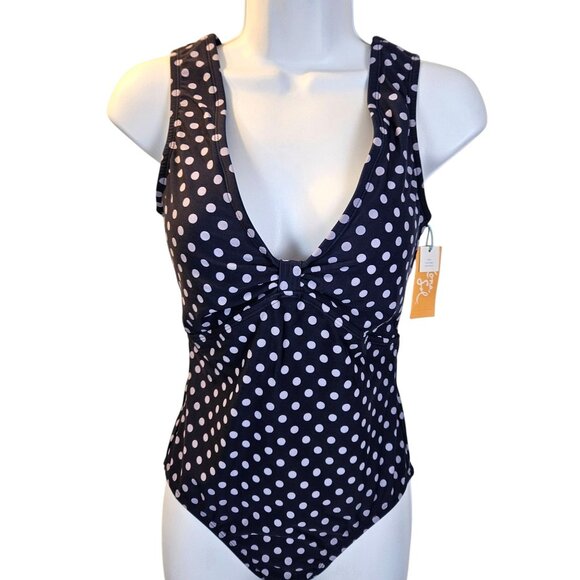 Kona Sol Womens S High Coverage Blue/Lilac Polka Dot One-Piece Swimsuit V-Neck - Picture 3 of 10